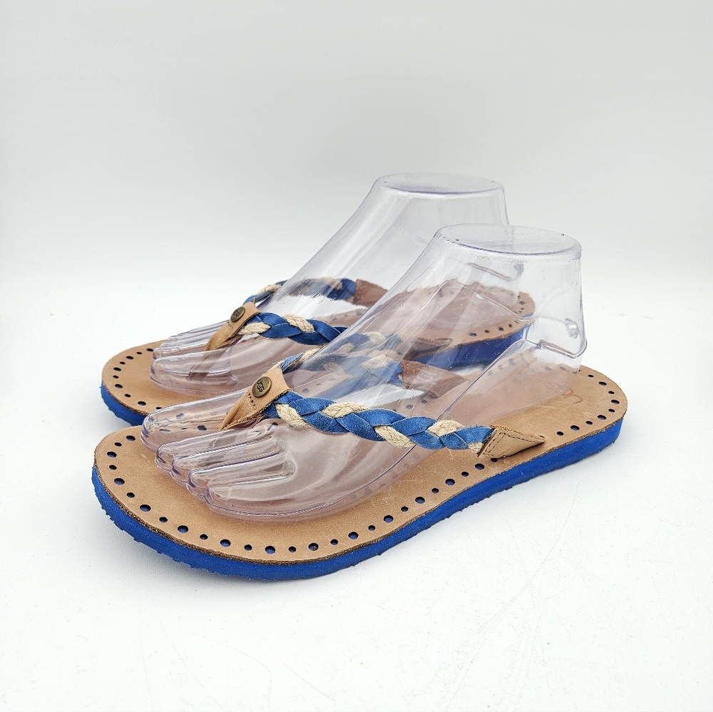 UGG Navie Women's Size 8 Brown Leather Blue Braided Jute Flip Flop Thong Sandals